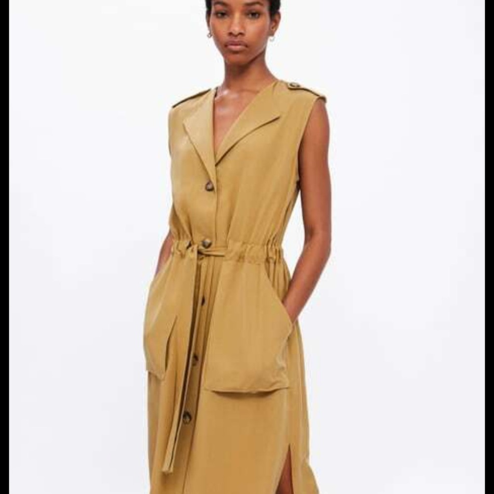 ZARA Sz Small Sleeveless Tan Button-Down Dress